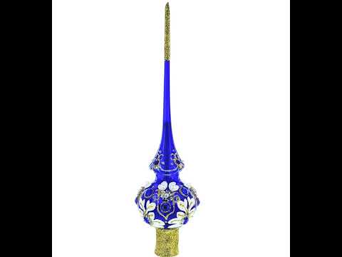 White Florals with Jeweled Accents on Royal Blue Glass Christmas Tree Topper 11 Inches