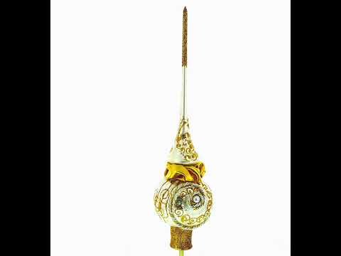 Golden Twisted Rope and Bow on White Mouth Blown Glass Christmas Tree Topper 11 Inches