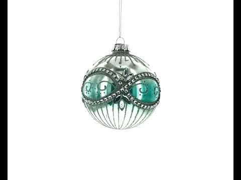 Elegant Silver and Blue Jeweled Glass Ball Christmas Ornament