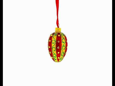 Red and Gold with Green Swirls and Jewel Accents Mini Glass Egg Ornament 2.9 Inches