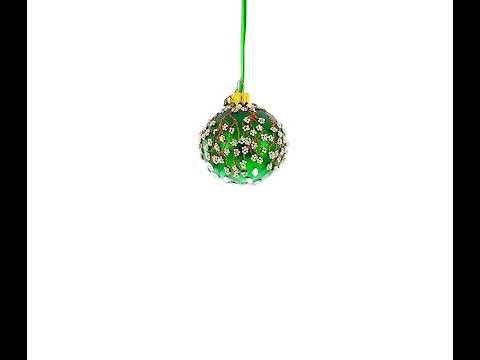 Copper Glitter Branches and Pearl Berry Accents on Green Glass Ball Christmas Ornament