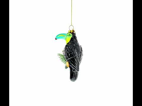 Toucan with Pine Branch Glass Christmas Ornament