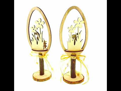 Set of 2 Rustic Wooden Easter Egg Tabletop Decorations With Bunny Scene 10.7 Inches Tall