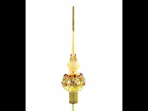 Red Jeweled with Golden Leaves Glass Christmas Tree Topper 11 Inches