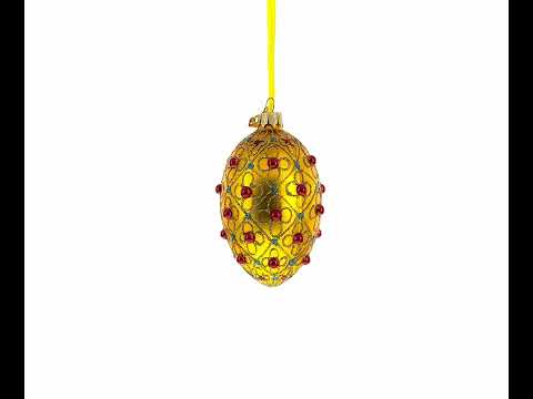 Red Beads, Blue Crystals & Filigree Trellis Glitter on Gold Glass Egg Ornament 4 Inches