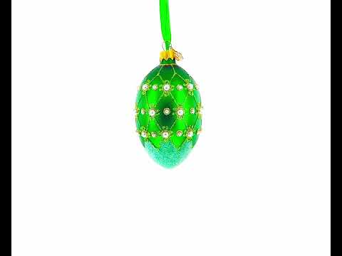 Pearls on Green Trellis Glass Egg Ornament 4 Inches