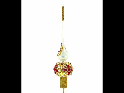 Red Jeweled Stars on Gold Pattern on White Glass Christmas Tree Topper 11 Inches