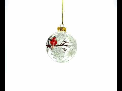 Bullfinches On Snowy Branch Glass Ball Christmas Ornament 3.25 Inches