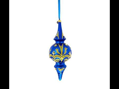 Jeweled Gold Scrollworks on Blue Double-Ended Finial Drop Glass Christmas Ornament