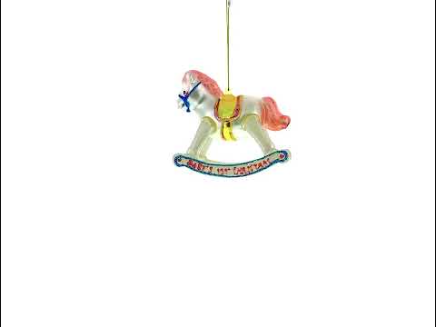 Adorno navideño vintage de cristal con forma de caballo balancín rosa y blanco