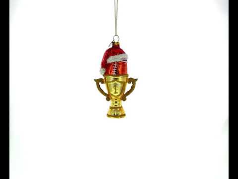 Football Trophy in Santa Hat Glass Christmas Ornament