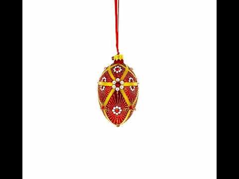 Red and Gold Floral Bejeweled Glass Egg Ornament 4 Inches