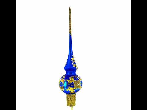 Jeweled Golden Leaves on Blue Glass Christmas Tree Topper 11 Inches