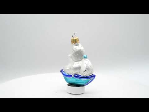 Sailing Ship with White Sails and Blue Hull Glass Christmas Ornament