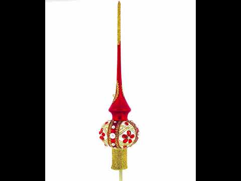 Red Jewels and White Pearls on Red Glass Christmas Tree Topper 11 Inches