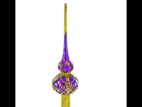 Regal Purple & Gold Jeweled Finial Glass Christmas Tree Topper 11 Inches