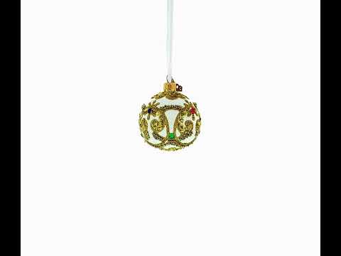 Gold Glitter Scrolls and Multicolor Jewel Accents on White Glass Ball Christmas Ornament