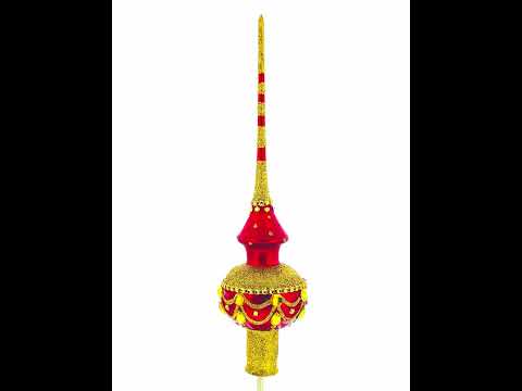 Dimensional Golden Jewels on Red Mouth Blown Glass Christmas Tree Topper 11 Inches