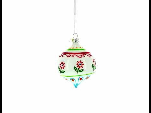 White Floral Pattern Finial Blown Glass Christmas Ornament