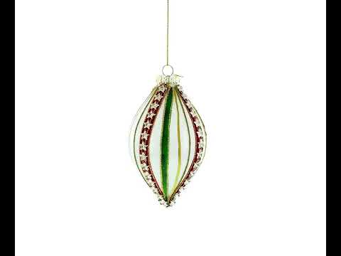 Striped White and Green Teardrop Finial Glass Christmas Ornament