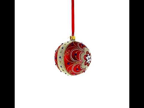 Baroque Filigree with Gemstones on Red Glass Ball Christmas Ornament 4 Inches