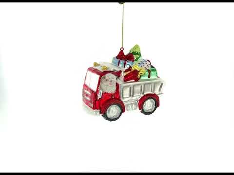Santa Driving a Dump Truck Full of Presents Glass Christmas Ornament