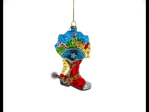 Adorno navideño de vidrio soplado con forma de bota de vaquero y bastones de caramelo