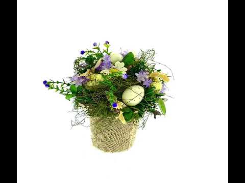 Easter Egg & Floral Arrangement – Rustic Spring Tabletop Decor in Burlap Pot 6.4 Inches Tall