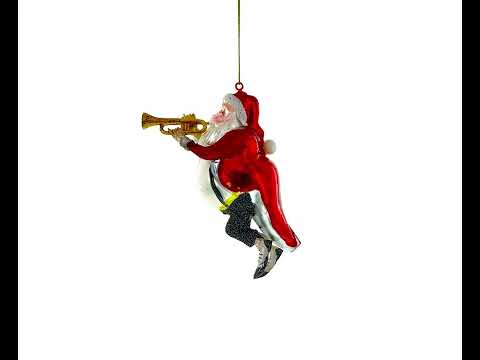Santa Playing Trumpet Glass Christmas Ornament
