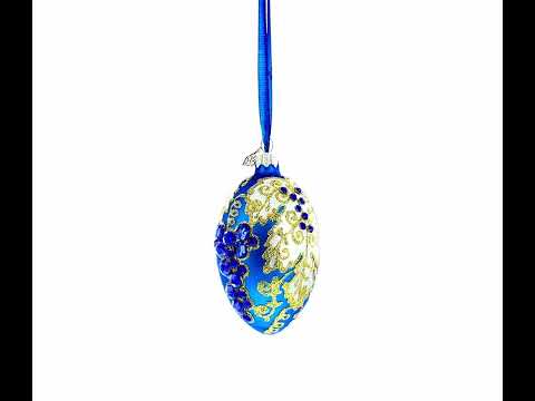 Blaue Trauben auf weißem Glas-Ei-Ornament, 10 cm