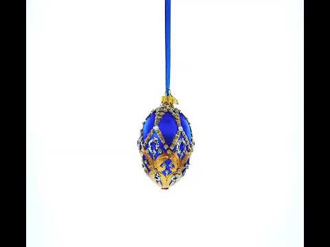 Royal Blue Jeweled Egg with Gold Filigree and Crystal Accents Glass Egg Ornament 4 Inches