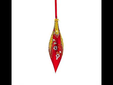 Red and Gold Jewel-Encrusted Elongated Pointed Teardrop Finial Glass Christmas Ornament