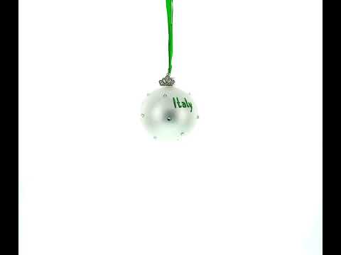 Italian Flag and “Italy” Script with Crystal Accents on Frosted White Glass Ball Christmas Ornament