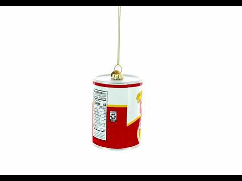 Adorno navideño de vidrio en forma de lata de sopa de pollo con fideos