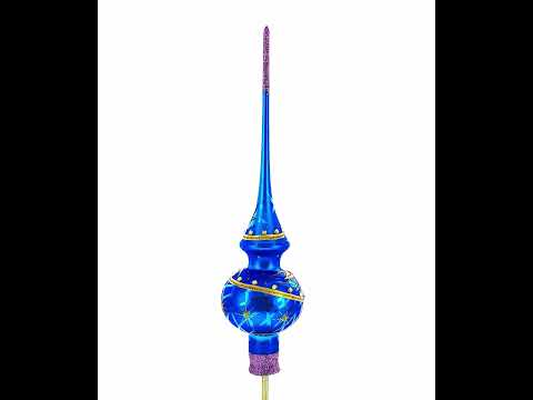 Adorno para árbol de Navidad de vidrio soplado azul con joyas moradas y hojas doradas de 11 pulgadas