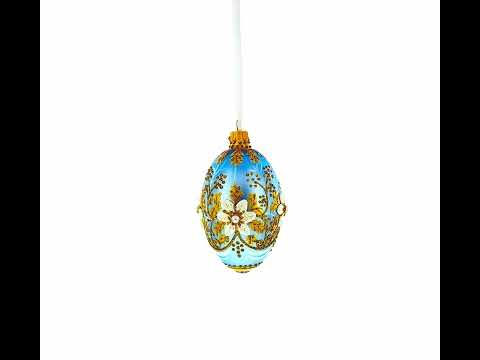 Blue and Gold Embossed Floral Glass Egg Ornament