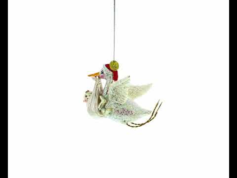 Charming Stork Carrying Baby Glass Christmas Ornament