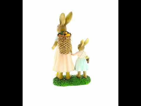 Mother & Child Easter Bunny Figurine – Vintage Style Spring Rabbit Statue with Baskets 11 Inches