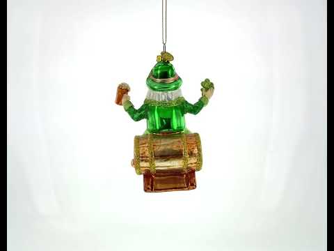 Irish Santa Sitting on a Whiskey Barrel Glass Christmas Ornament