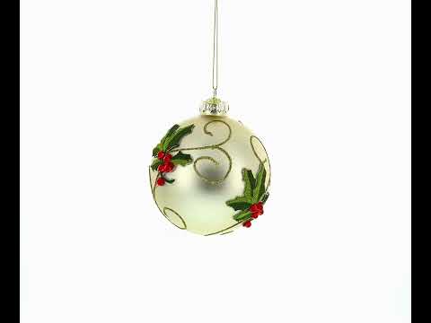 Ivory with Holly Leaves and Red Berries Glass Ball Christmas Ornament