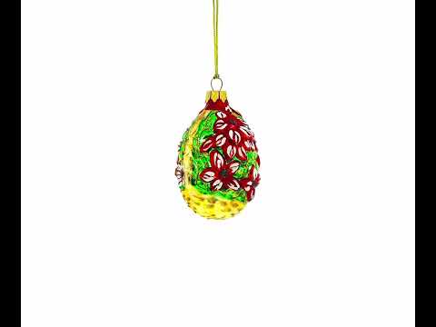 Red Flowers Bouquet in a Basket Glass Christmas Ornament