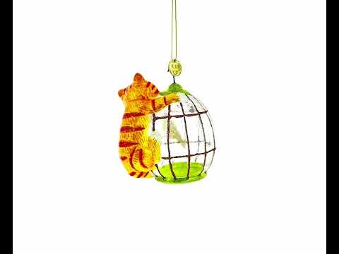 Curious Cat and Caged Bird Glass Christmas Ornament