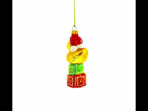Yellow Duck in Santa Hat on Letter Blocks Glass Christmas Ornament