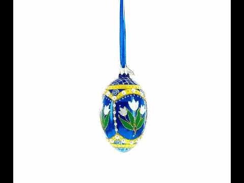 Adorno de huevo de cristal con flores azules, perlas y purpurina, 4 pulgadas