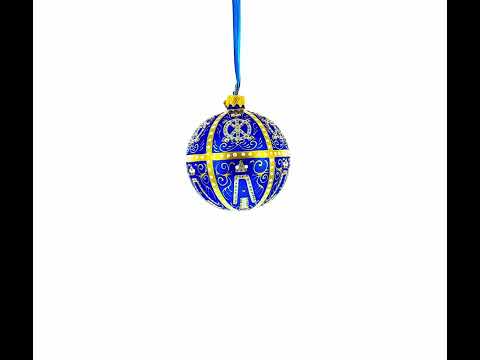 1896 Twelve Monograms Royal Blue Glass Ball Christmas Ornament 3.25 Inches