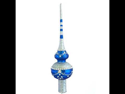 White Jewels and Silver on Blue Glass Christmas Tree Topper 11 Inches