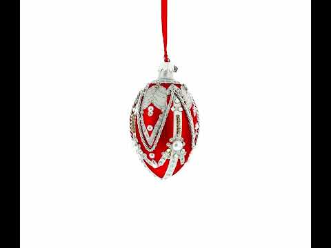 Silver Ropes on Red Glass Egg Christmas Ornament 4 Inches