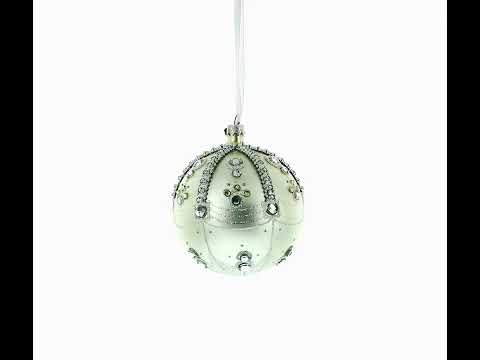White Jewels on Silver Glass Ball Christmas Ornament 4 Inches