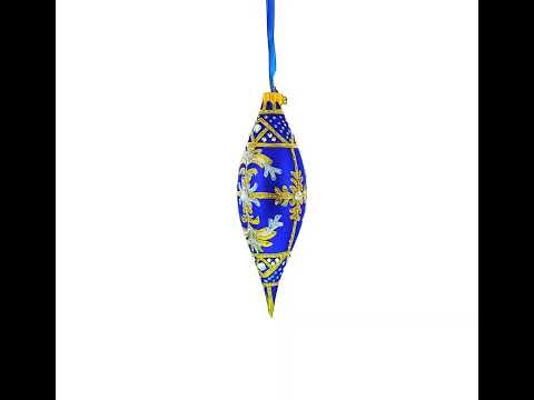 Royal Blue and Gold Snowflake Jeweled Elongated Pointed Teardrop Finial Glass Christmas Ornament