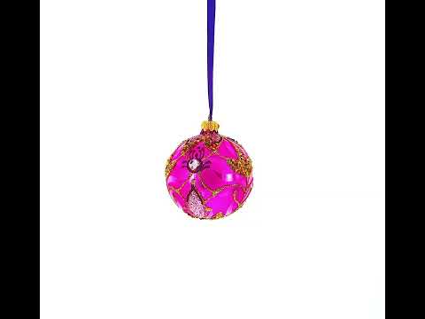 Pink with Gold Scrolls Jewel Iridescent Leaf Glass Ball Christmas Ornament 3.25 Inches